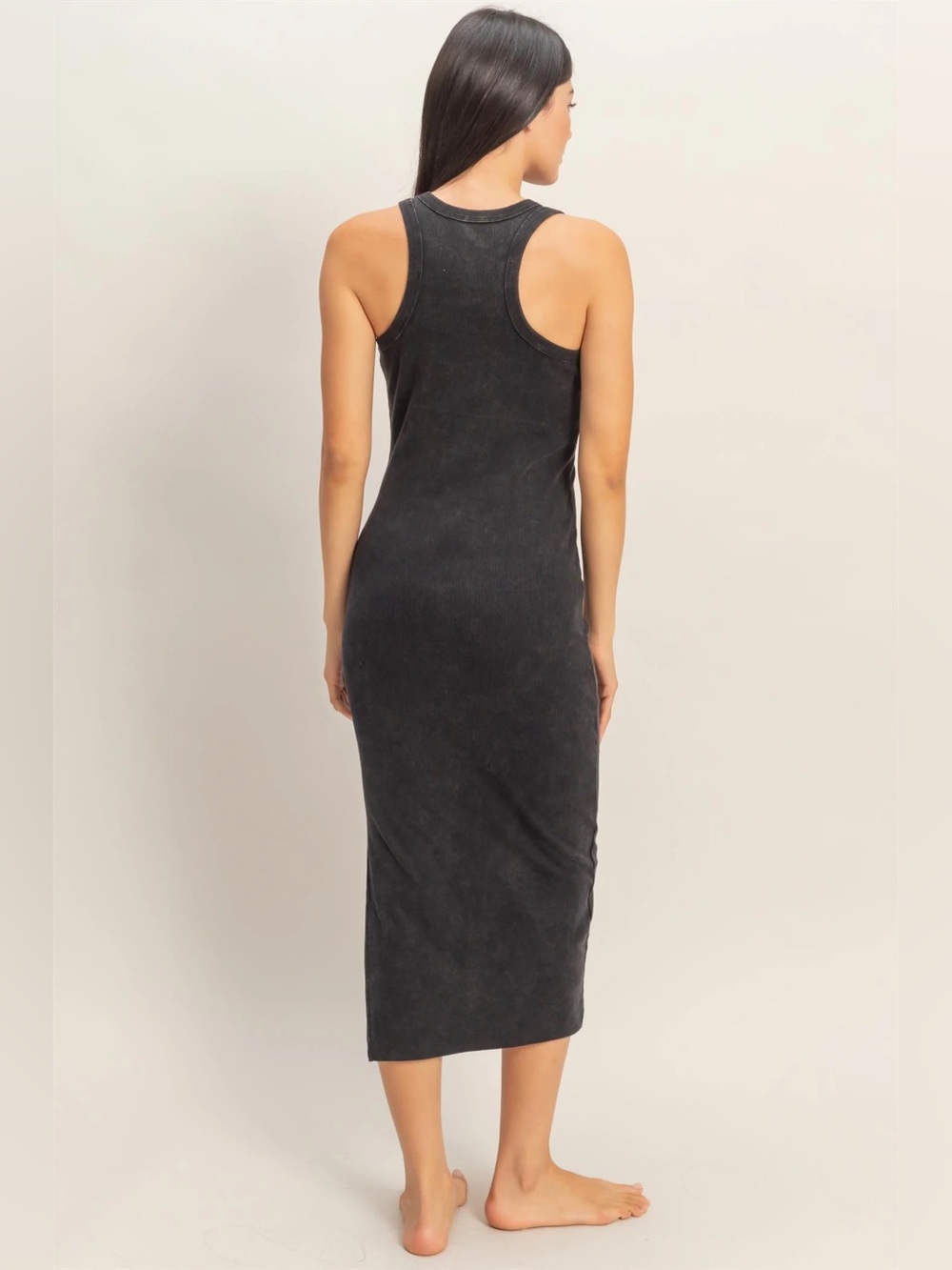 NEW Double Zero Black Midi Tank Dress Acid Wash Ribbed Side Slit Size Medium - Picture 4 of 7